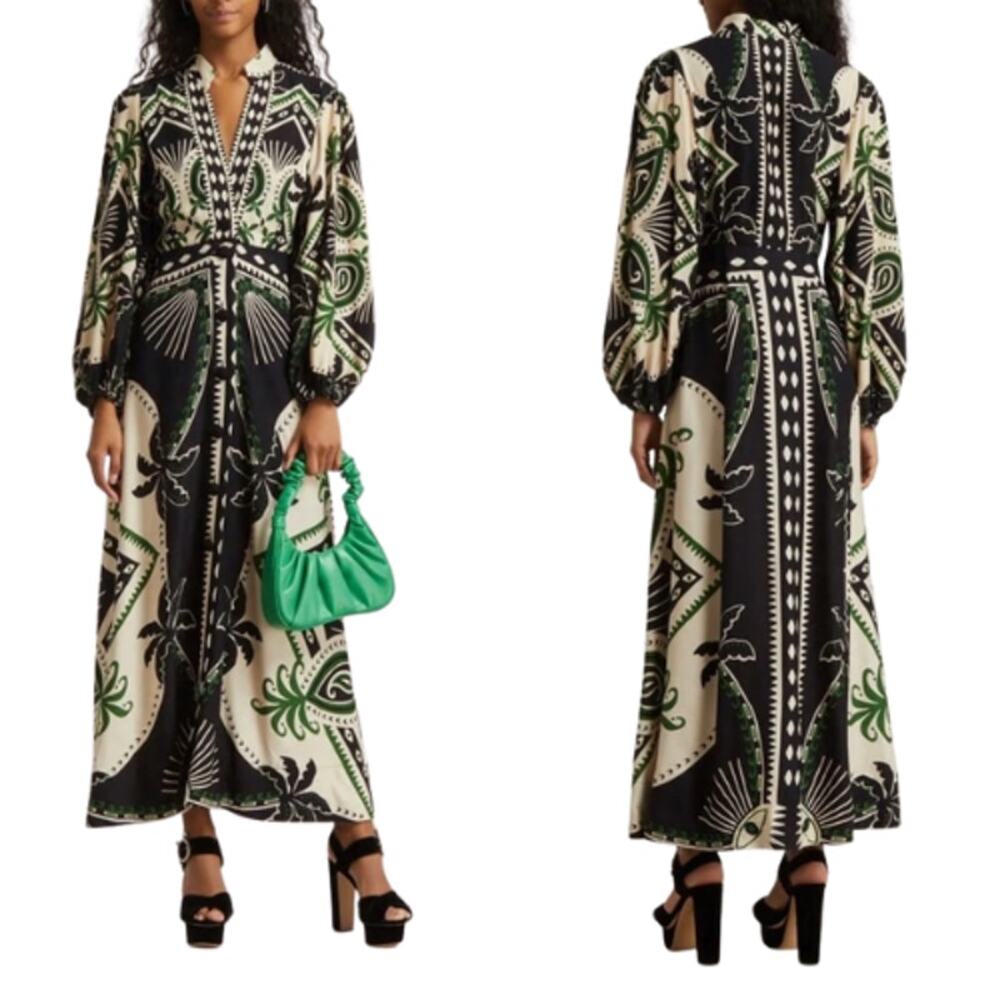 NEW Farm Rio Mystic Floral Long Sleeve V Neck Maxi Dress Green Size: Extra Small